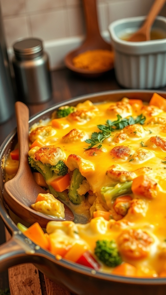 Cheesy Vegetable Casserole Recipe A cheesy vegetable casserole with broccoli, carrots, and bell peppers, topped with breadcrumbs, served in a rustic dish.